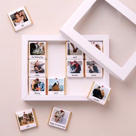 Box of 12 mini chocolates personalised with photos and messages - Our Story