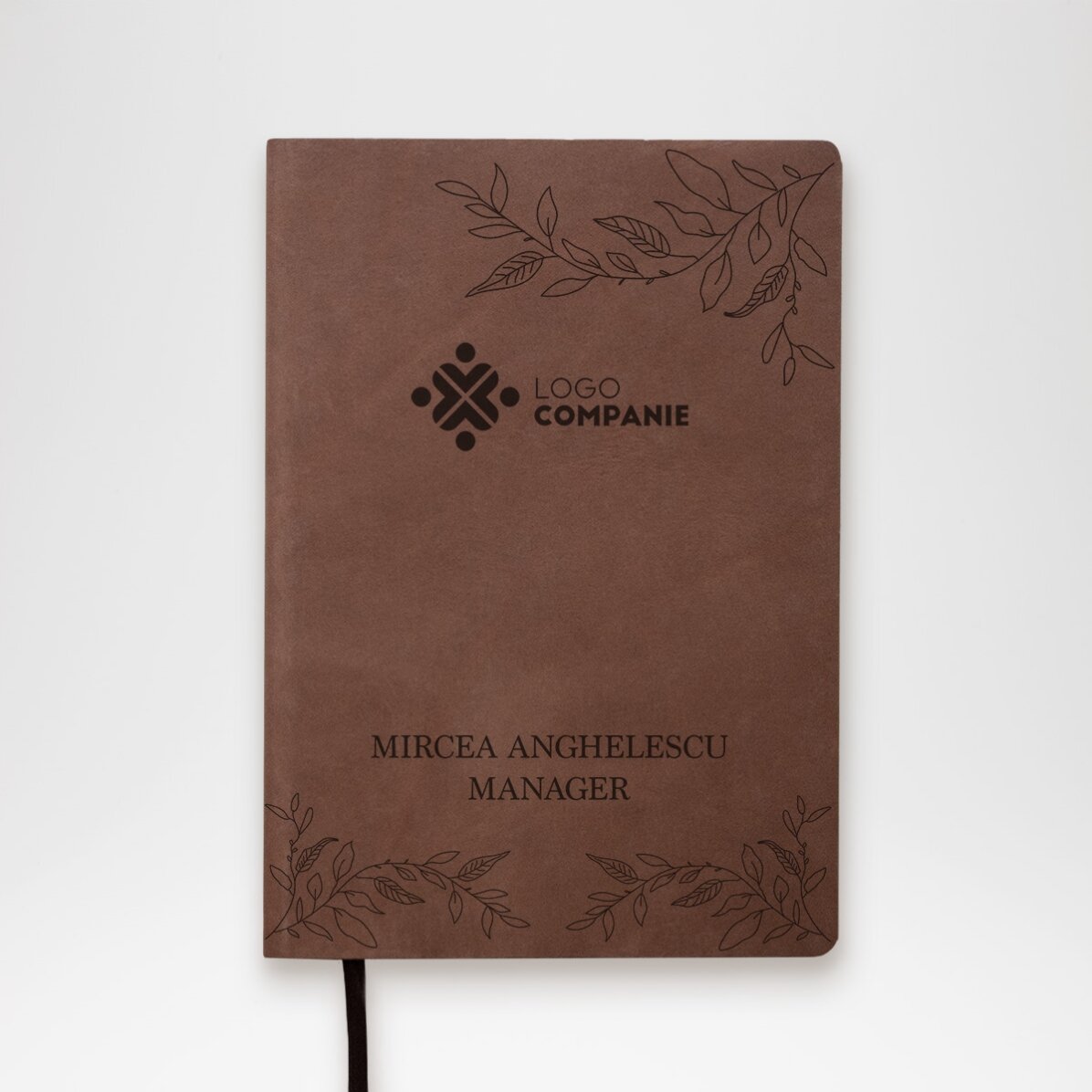 Agendă din piele personalizată cu logo pe centru și mesaj