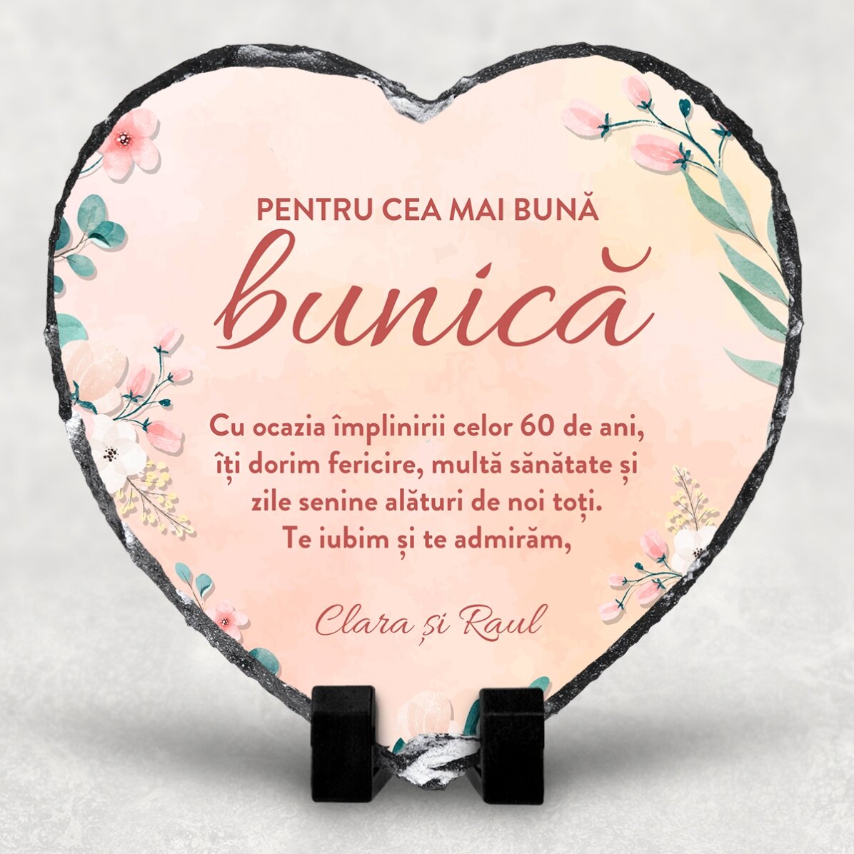 Ardezie în formă de inimă personalizată cu mesaj pentru bunică