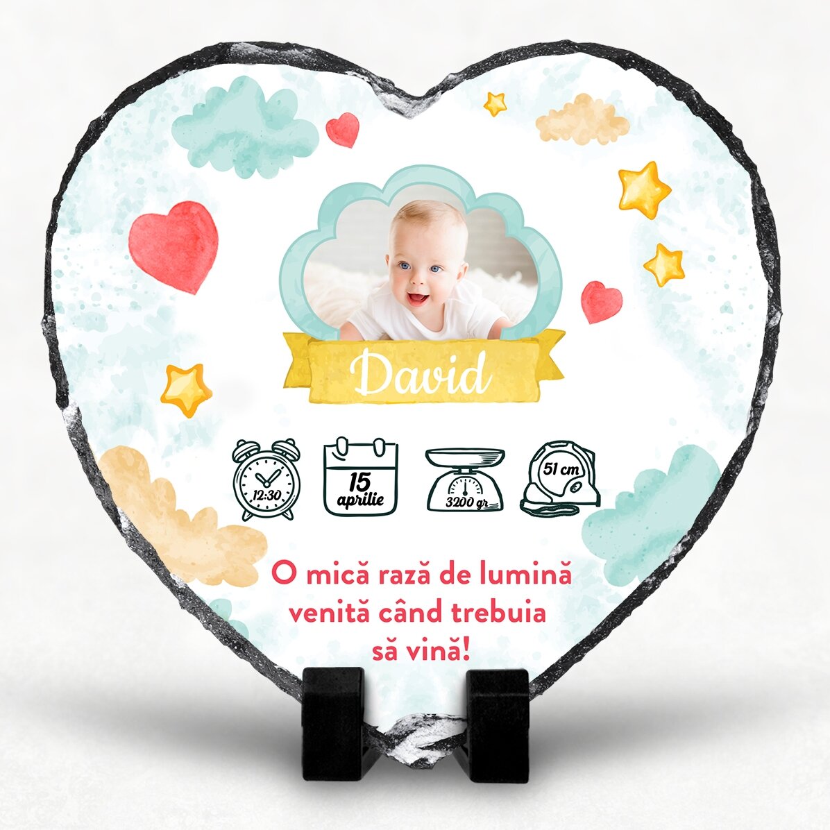 Ardezie în formă de inimă personalizată cu mesaj și poză - Rază de lumină