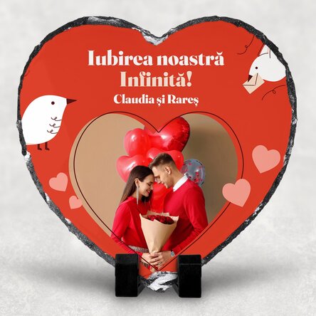 Ardezie în formă de inimă personalizată cu o poză și text - Iubirea noastră infinită
