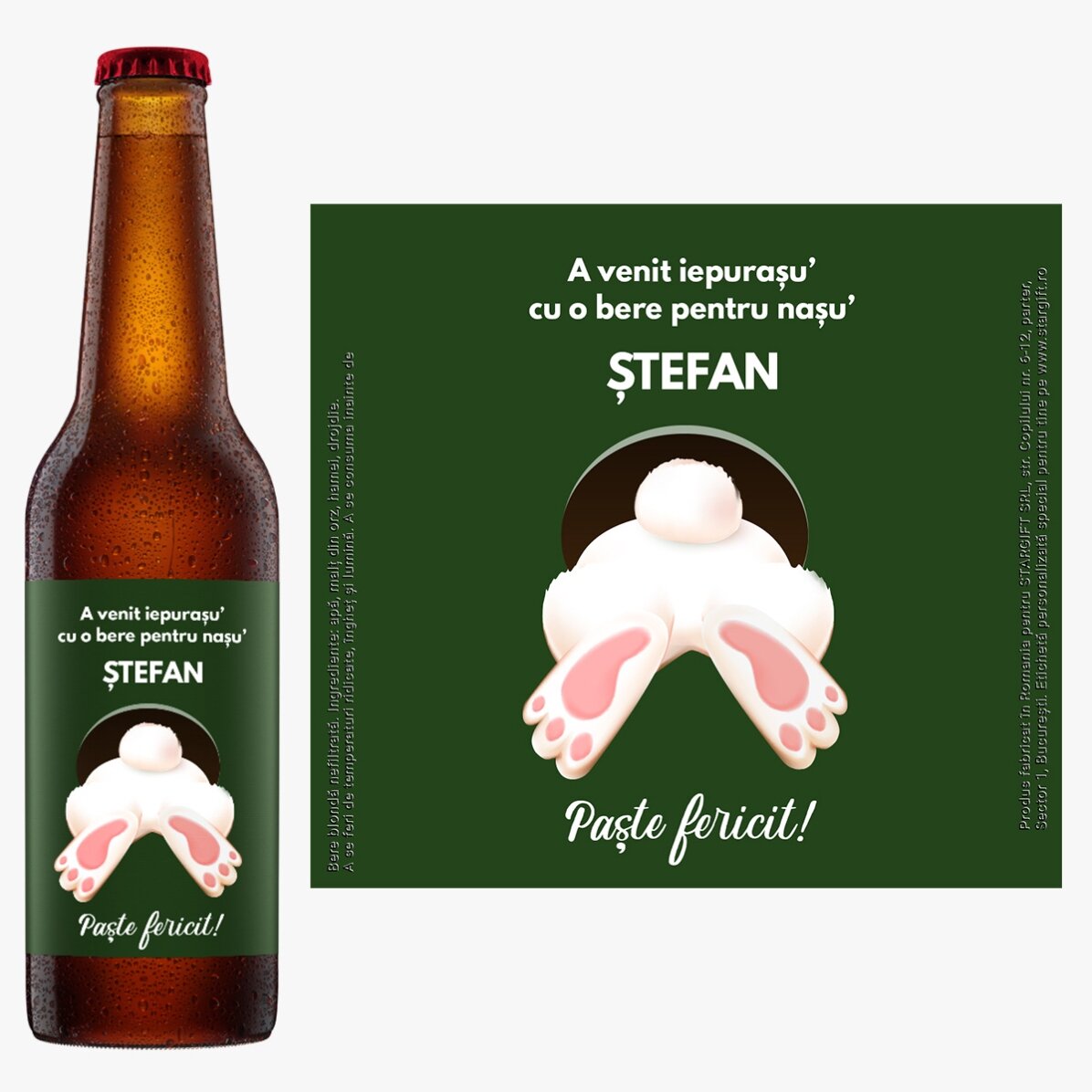 Bere personalizată cu mesaj - De la iepuraș