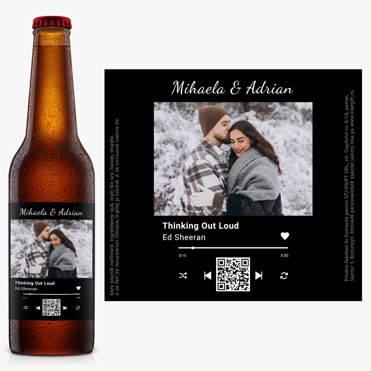 Bere personalizată cu o poză, text și cod QR - Melodia noastră