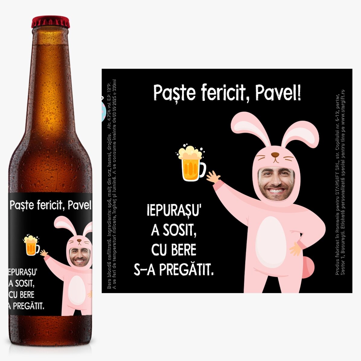 Bere personalizată cu poză și mesaj - Iepure