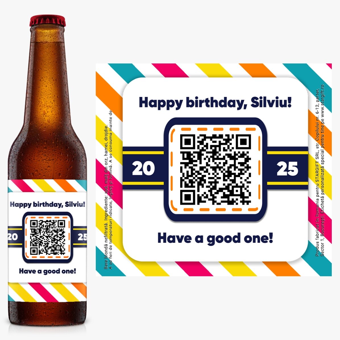 Bere personalizată cu text și cod QR - Happy birthday