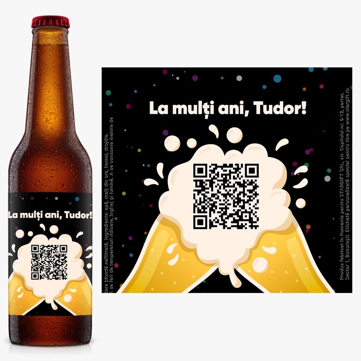 Bere personalizată cu text și cod QR - La mulți ani!