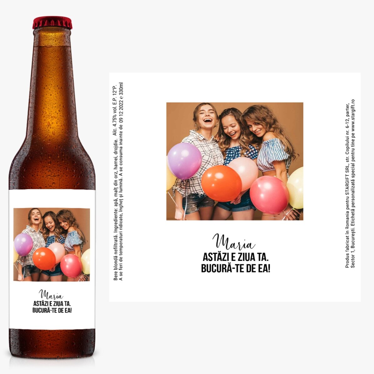 Bere personalizată cu text și o poză - Fericire