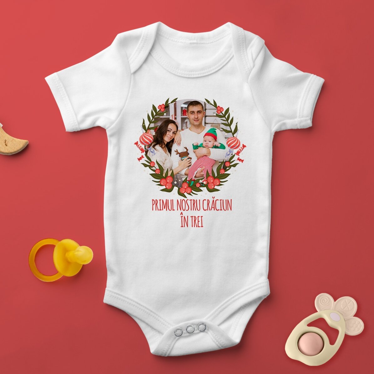 Personalised baby bodysuit with photo and text - First Christmas