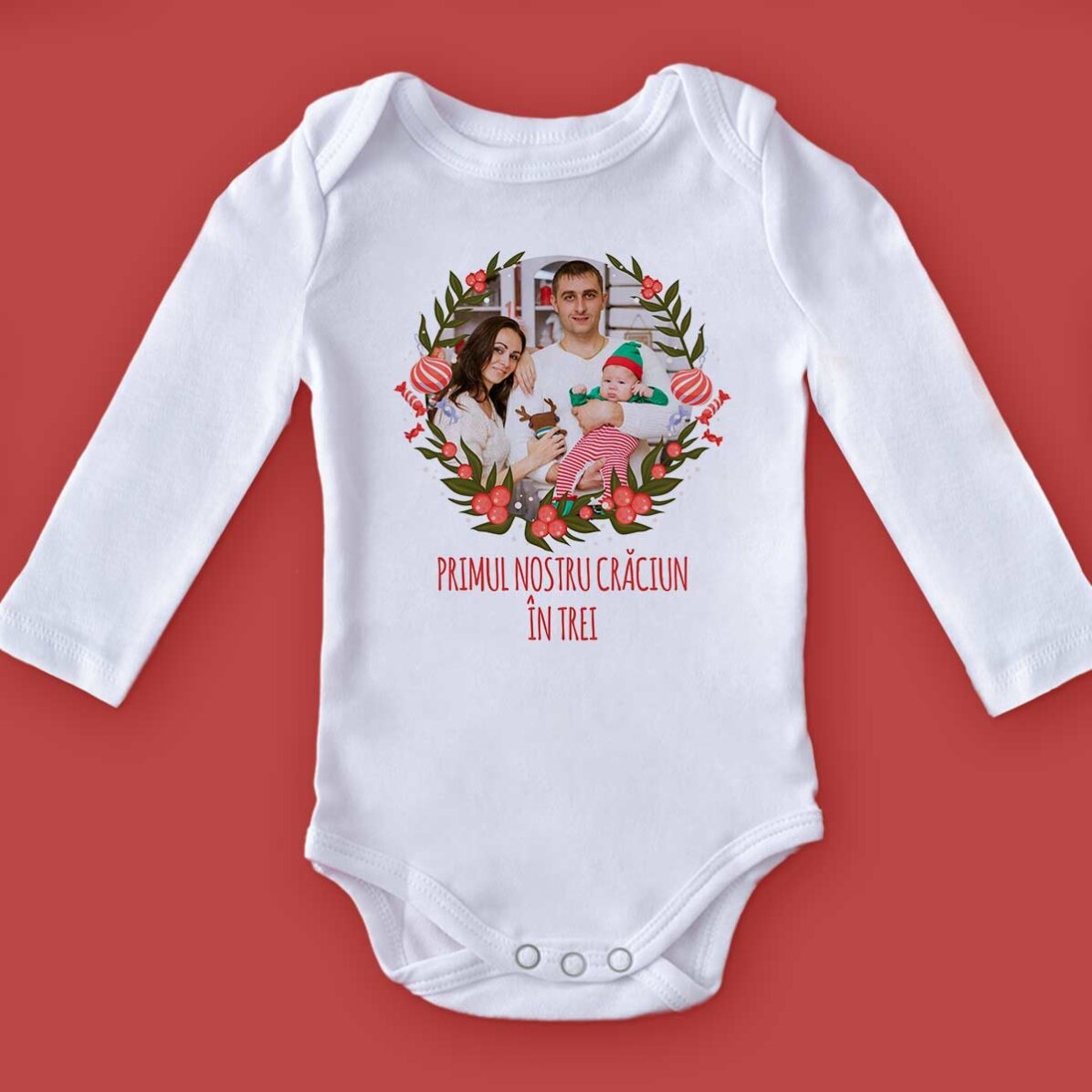 Personalised baby bodysuit with photo and text - First Christmas