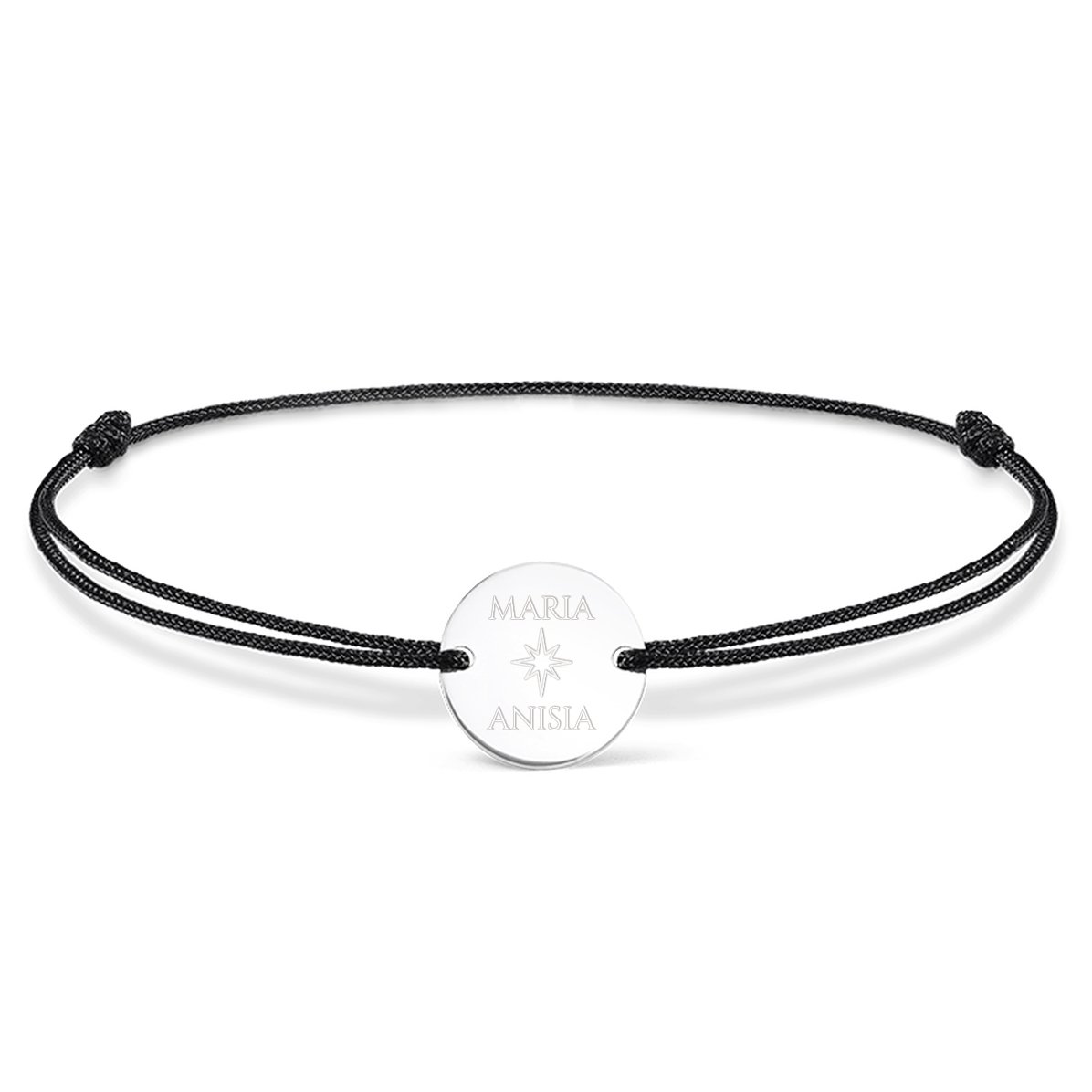 Brățară cu șnur personalizată - bănuț 14mm - argint 925 - model stea cu 2 nume