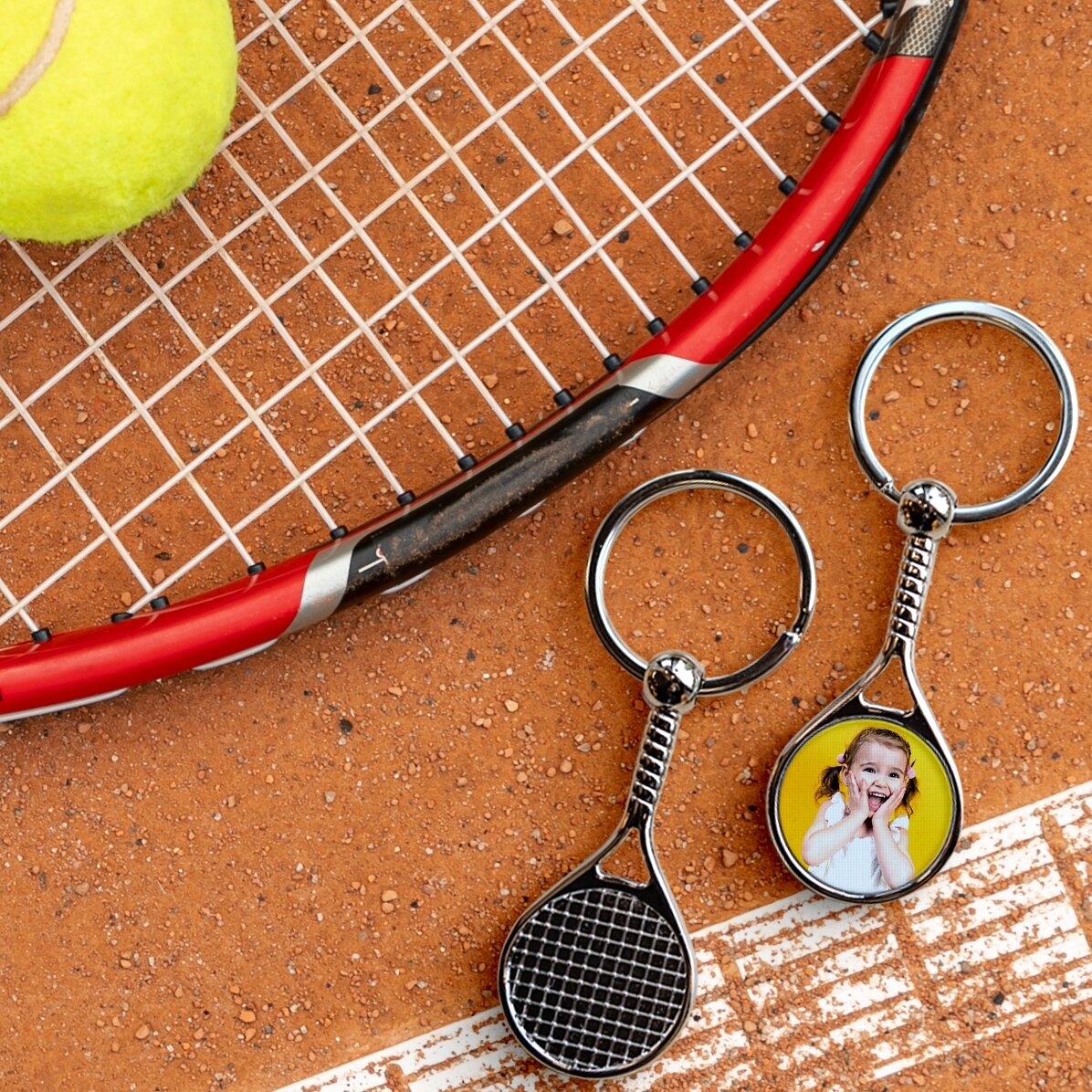 Breloc în formă de rachetă de tenis personalizat cu poză - Happy