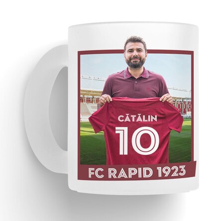 Cană sticlă mată FC Rapid 1923 personalizată cu nume și număr - Tricou Adrian Mutu