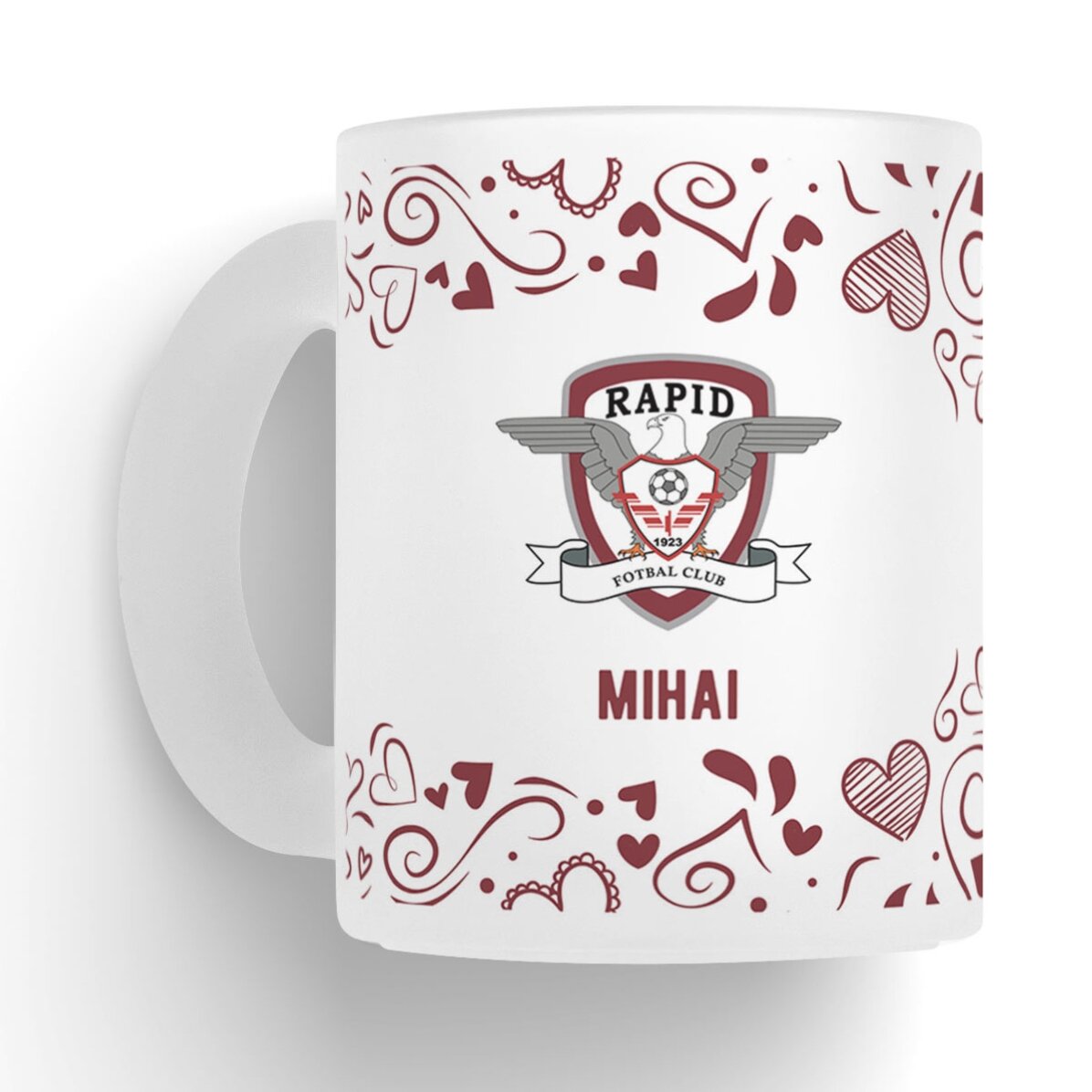 Cană sticlă mată FC Rapid personalizată cu text - Inimi vișinii
