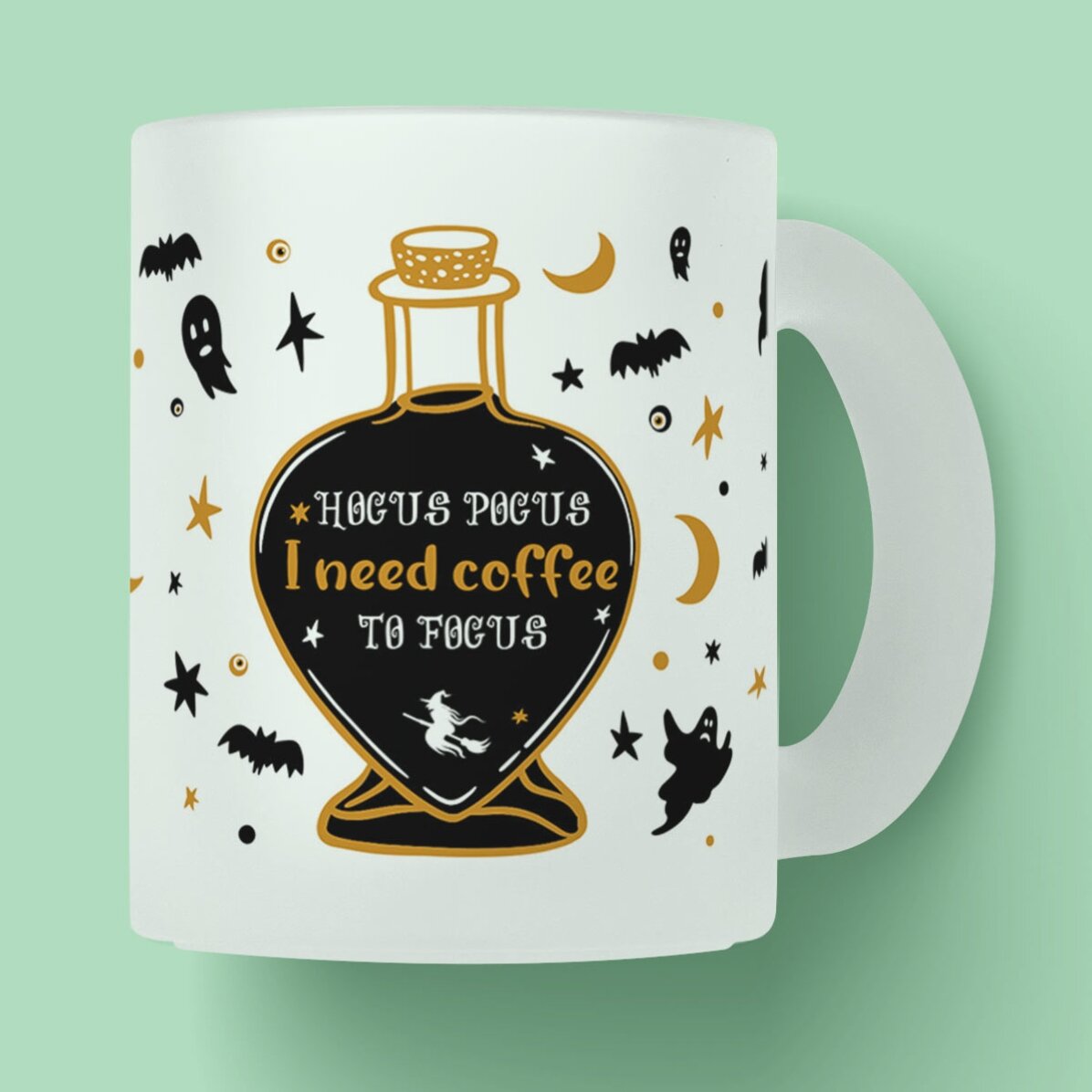 Cană sticlă mată personalizat cu text pentru Halloween - Hocus Pocus