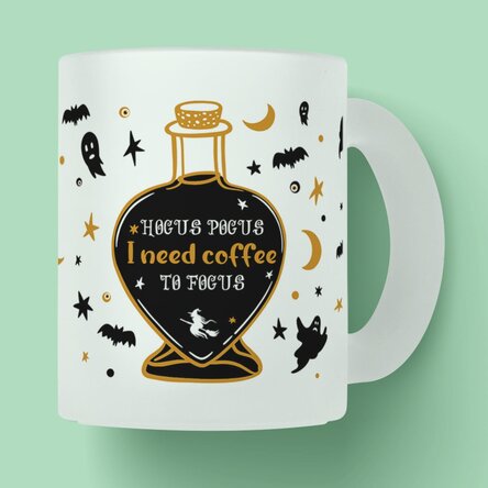 Cană sticlă mată personalizat cu text pentru Halloween - Hocus Pocus