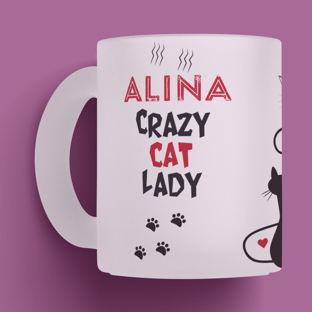 Cană sticlă mată personalizată - Crazy cat