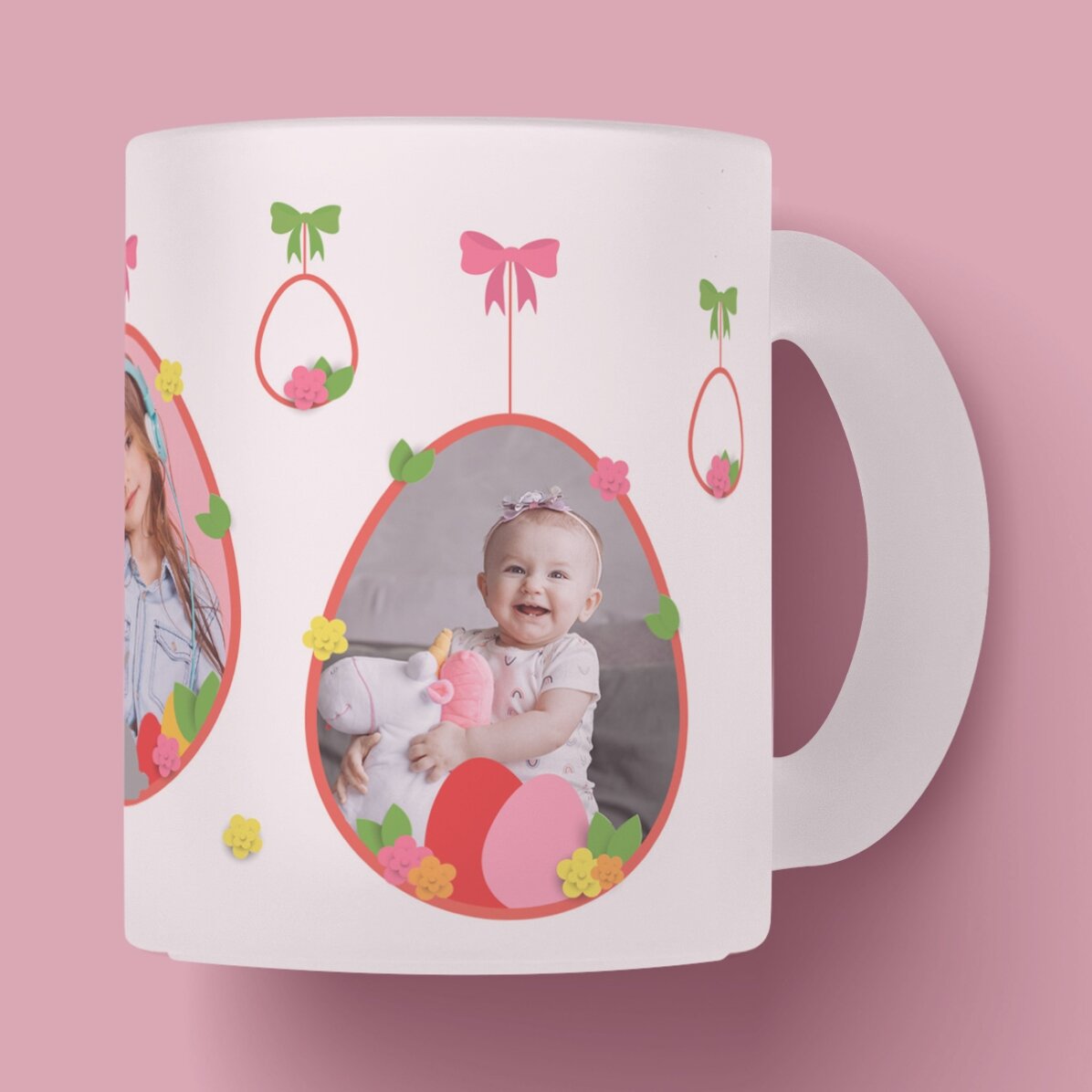 Cană sticlă mată personalizată cu 2 poze și text - Happy Easter 