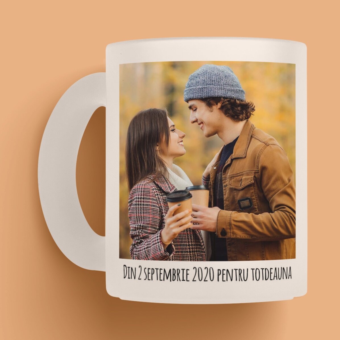 Cană sticlă mată personalizată cu 2 poze și text