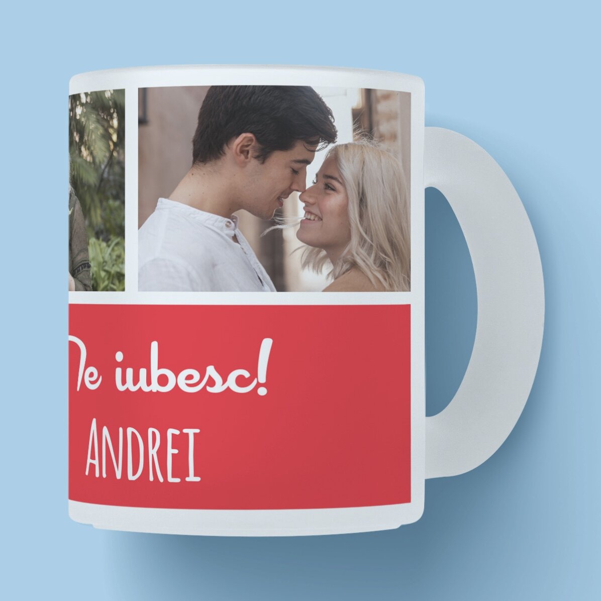 Cană sticlă mată personalizată cu 3 poze și text