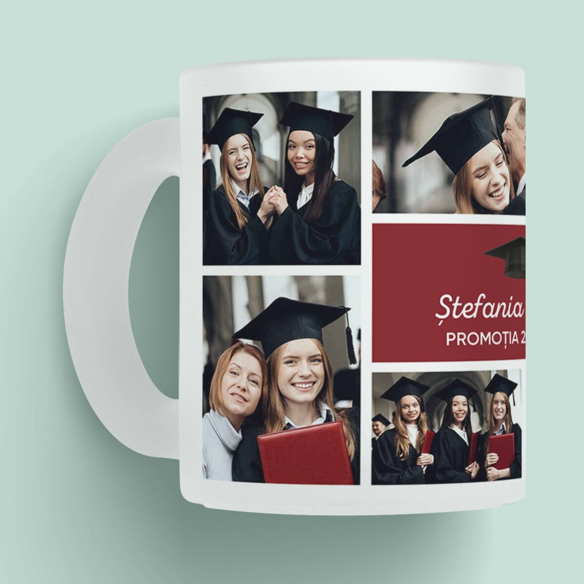 Cană sticlă mată personalizată cu 6 poze și mesaj - Absolvire