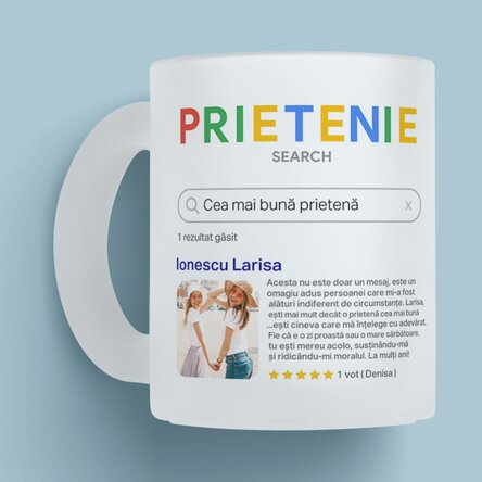 Cană sticlă mată personalizată cu 9 poze și text - Search
