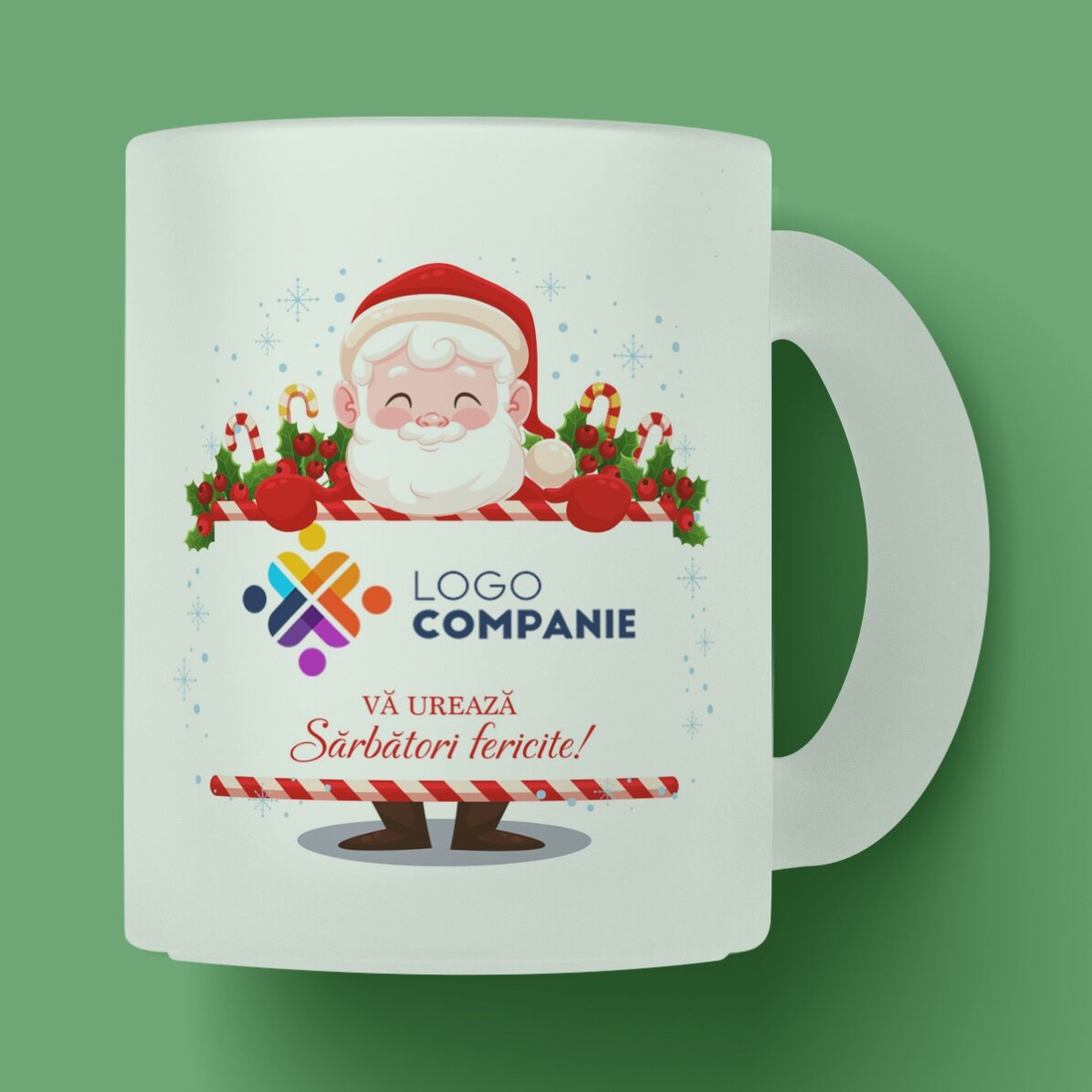 Cană sticlă mată personalizată cu logo și mesaj - Moș Crăciun 