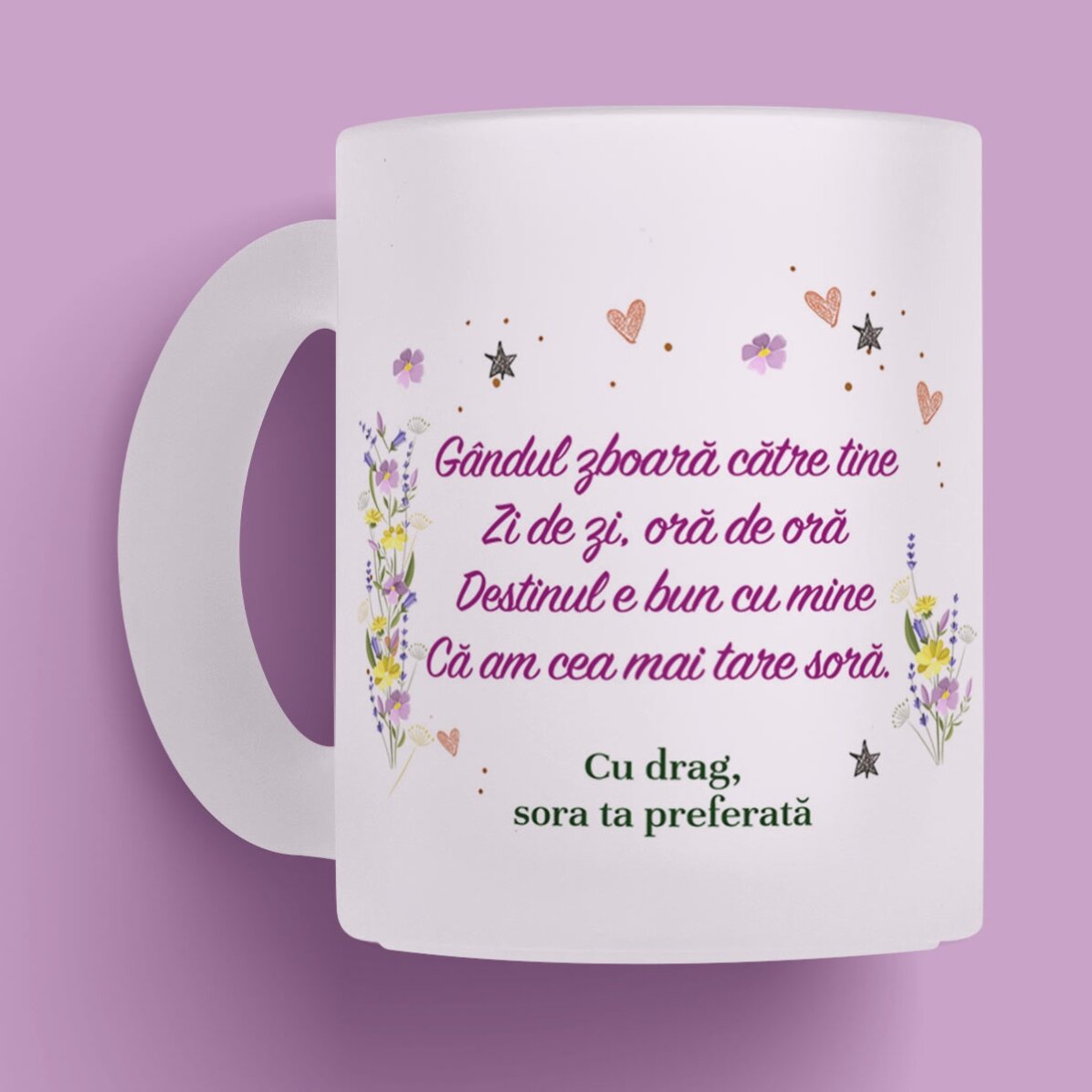 Cană sticlă mată personalizată cu mesaj și poză pentru soră x Flick