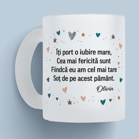 Cană sticlă mată personalizată cu mesaj și poză pentru soț x Flick