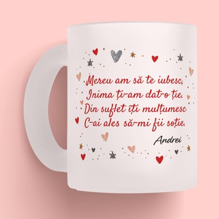Cană sticlă mată personalizată cu mesaj și poză pentru soție x Flick