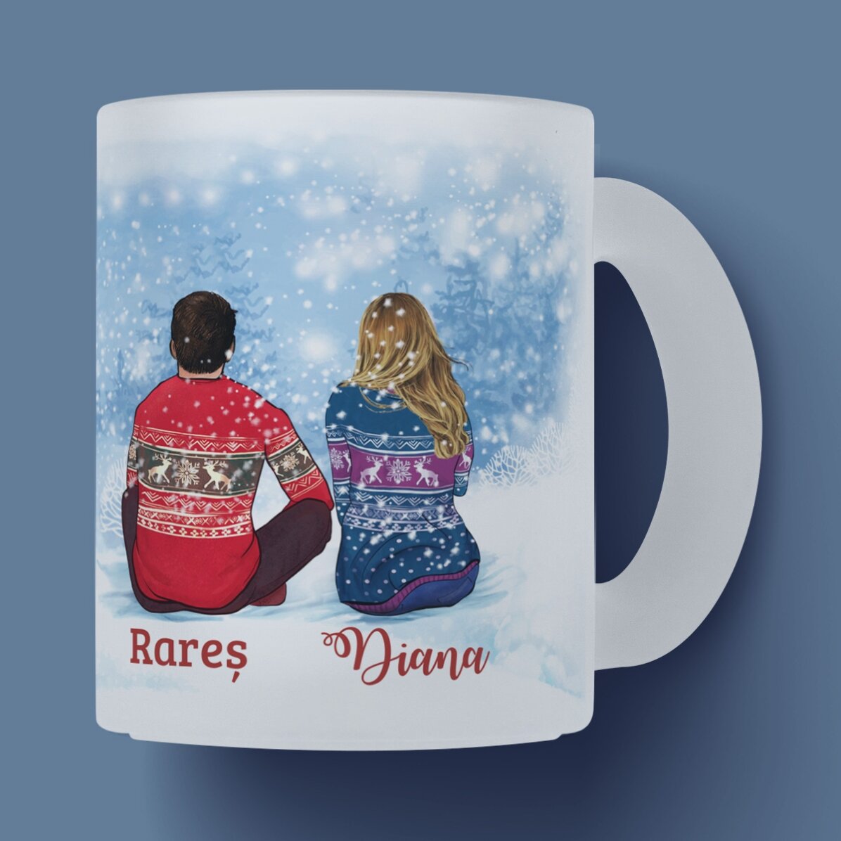 Cană sticlă mată personalizată cu nume pentru cuplu - Merry Christmas 