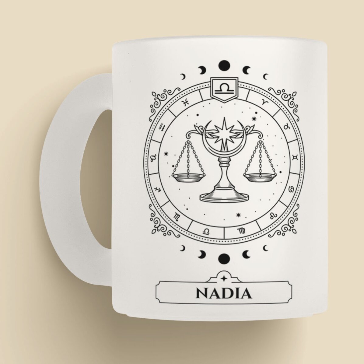Cană sticlă mată personalizată cu nume și zodie - Balanță