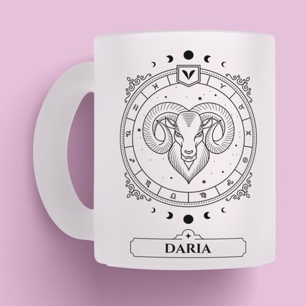 Cană sticlă mată personalizată cu nume și zodie - Berbec