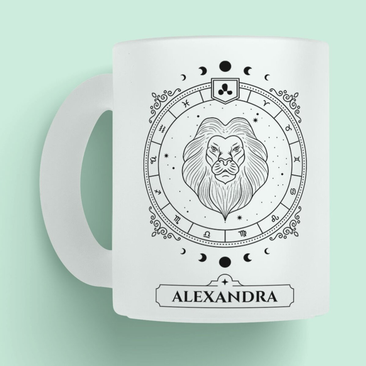 Cană sticlă mată personalizată cu nume și zodie - Leu