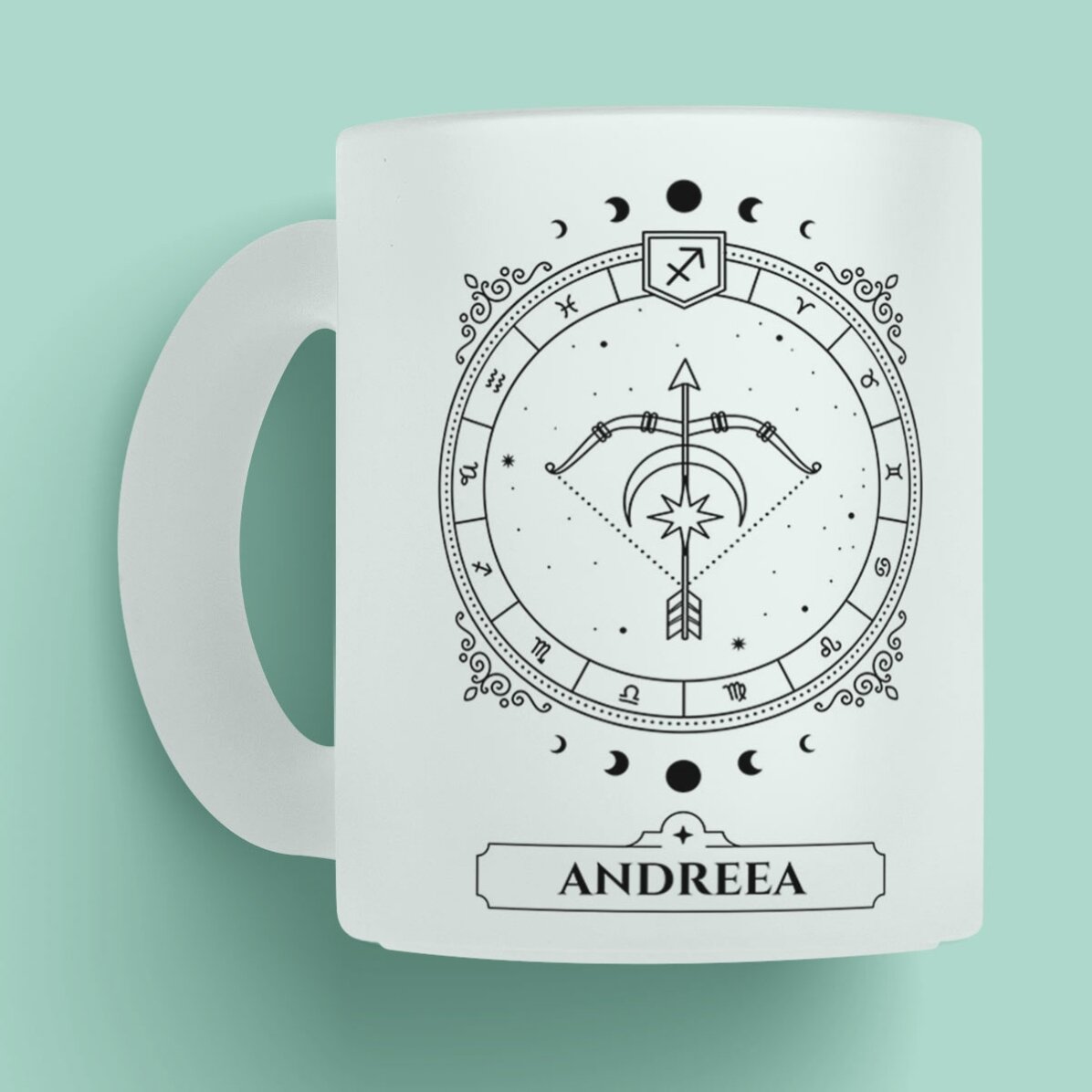 Cană sticlă mată personalizată cu nume și zodie - Săgetător