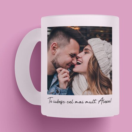 Cană sticlă mată personalizată cu o poză, mesaj și cod QR  