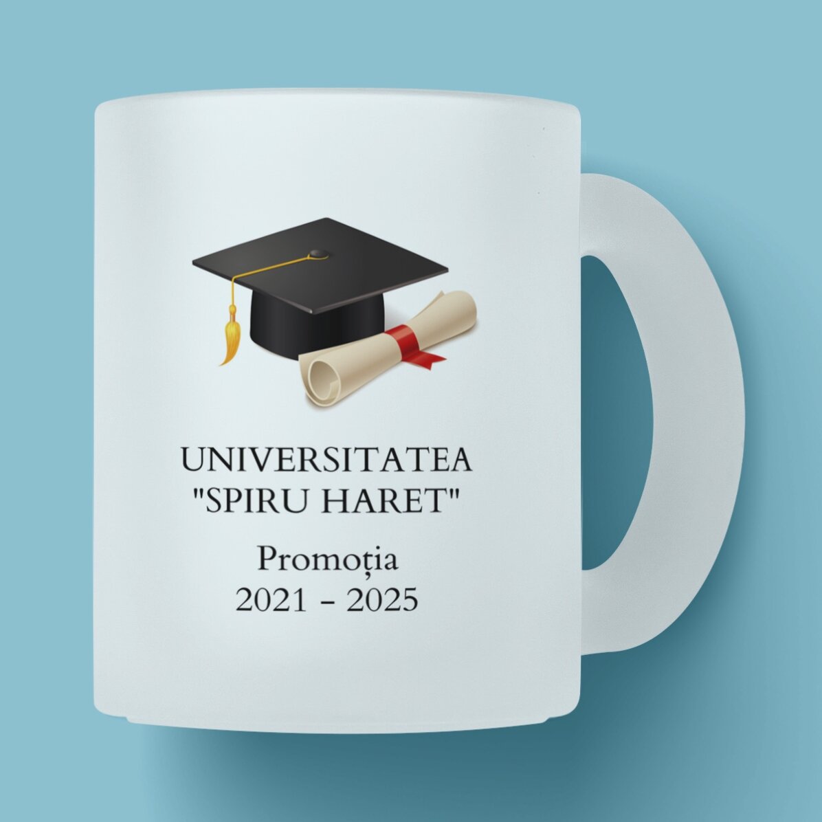 Cană sticlă mată personalizată cu o poză și text - Absolvire