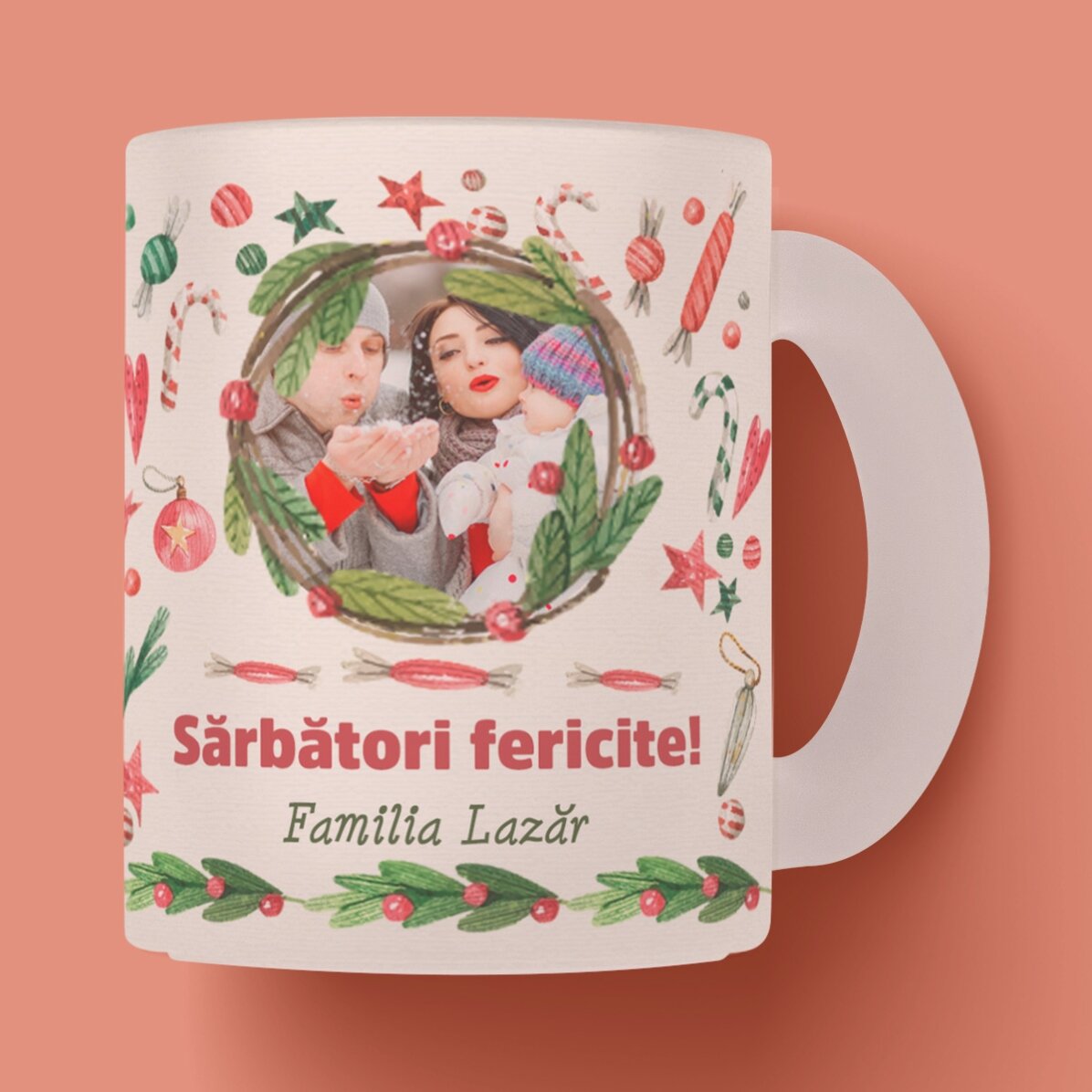 Cană sticlă mată personalizată cu o poză și text - model de Crăciun