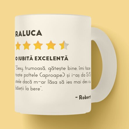 Cană sticlă mată personalizată cu o poză și text - Review 