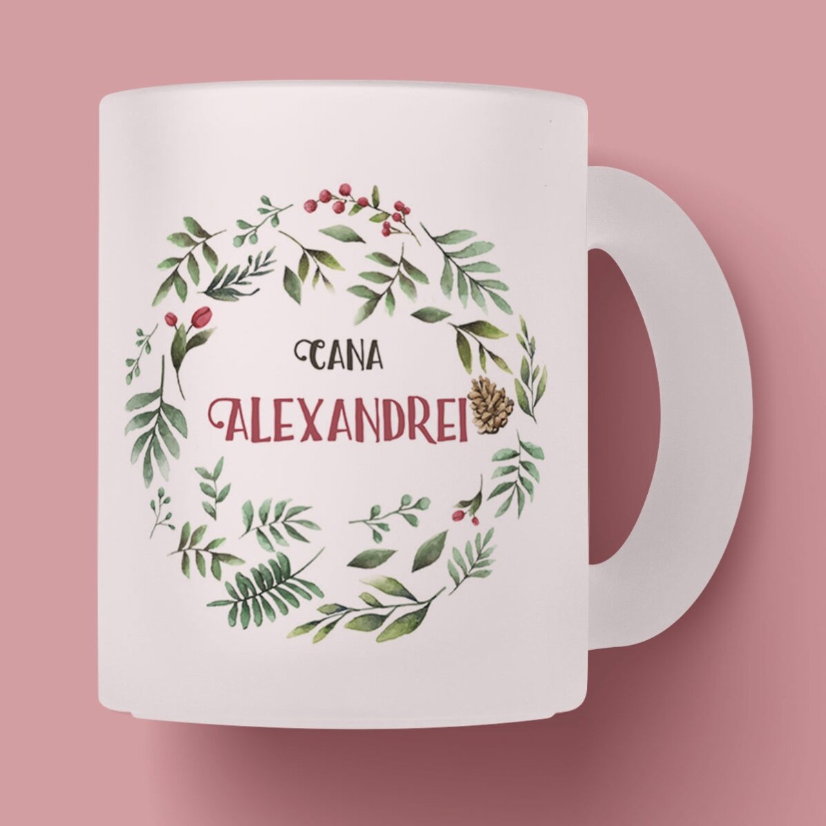 Cană sticlă mată personalizată cu pasăre pentru ea - model de Crăciun