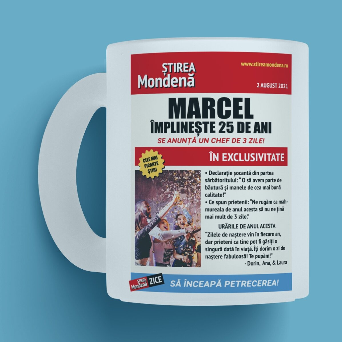 Cană sticlă mată personalizată cu poză și text - Știri mondene 