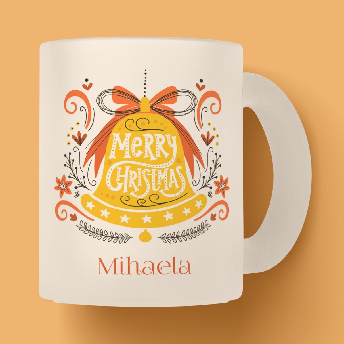 Cană sticlă mată personalizată cu text - Clopot Merry Christmas 