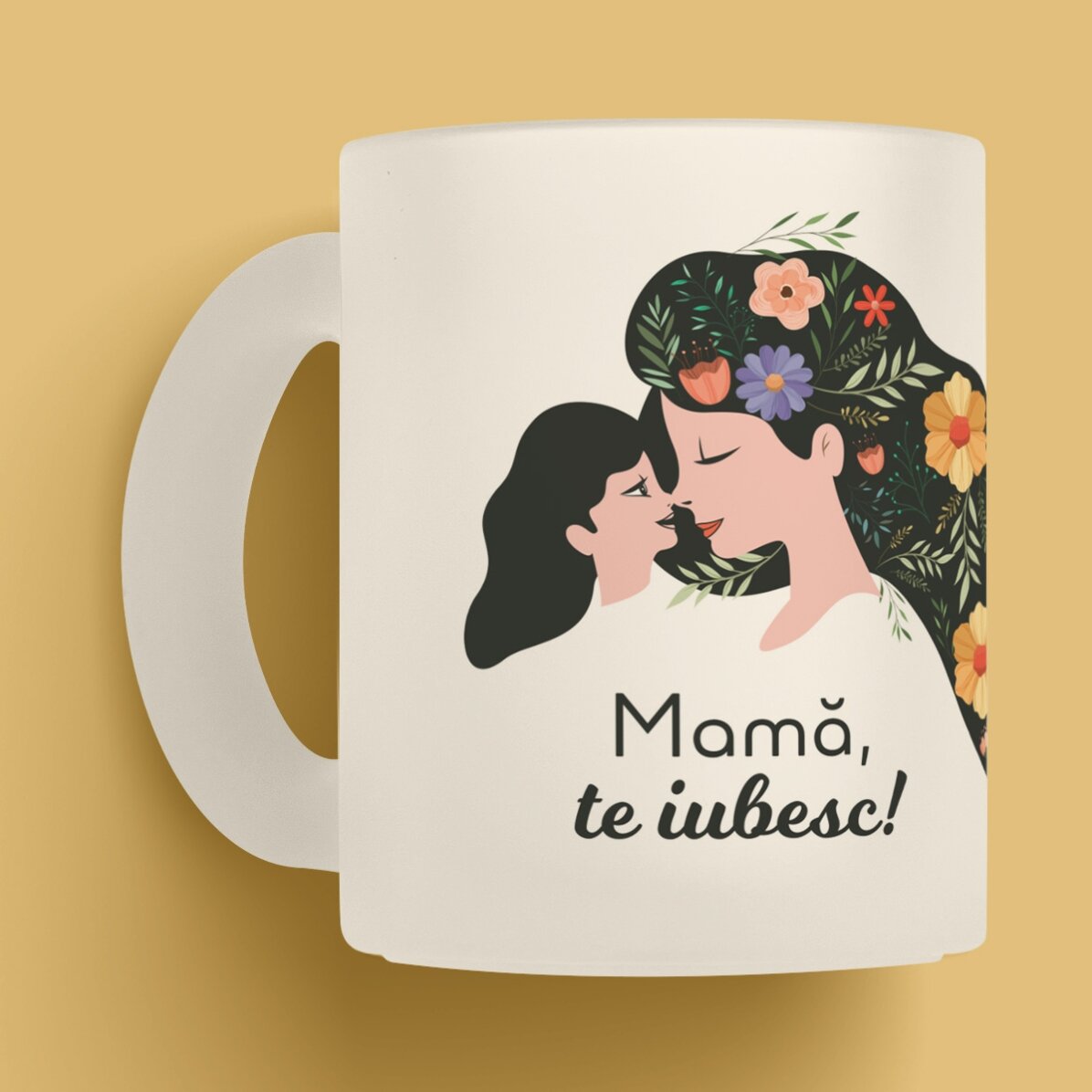 Cană sticlă mată personalizată cu text - Mamă, te iubesc! 