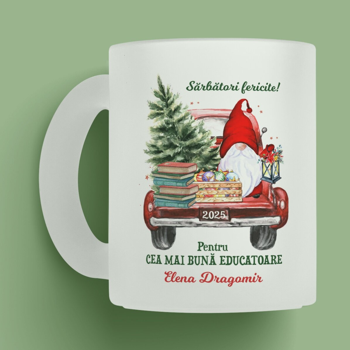 Cană sticlă mată personalizată cu text - Model de Crăciun pentru profesori / educatoare 