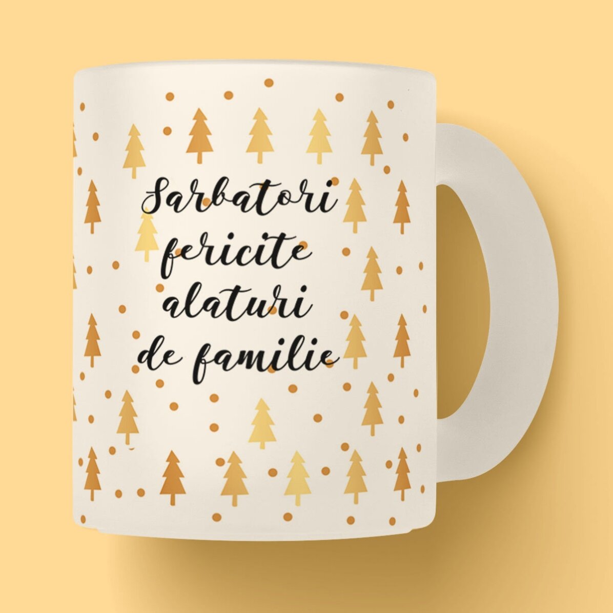 Cană sticlă mată personalizată cu text - model pentru Crăciun