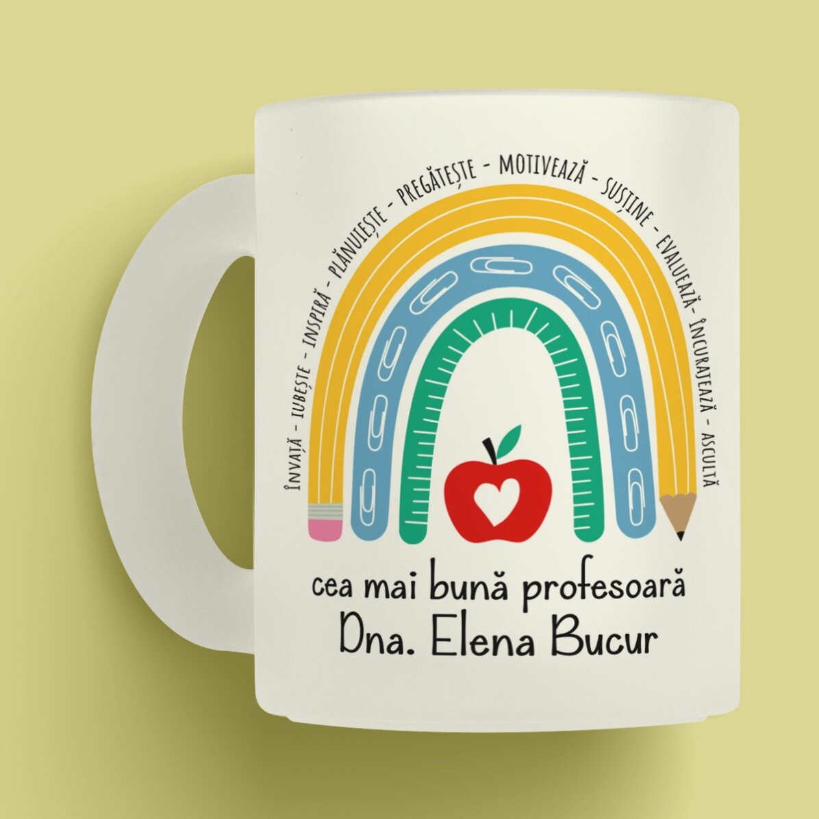 Cană sticlă mată personalizată cu text - Profesoară 