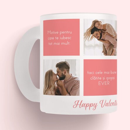 Cană sticlă mată personalizată cu text și 5 poze - Motive pentru care te iubesc