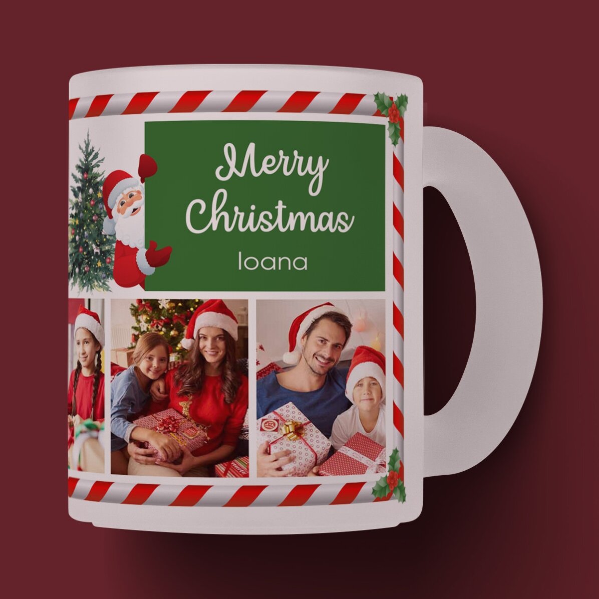 Cană sticlă mată personalizată cu text și 7 poze - Moș Crăciun
