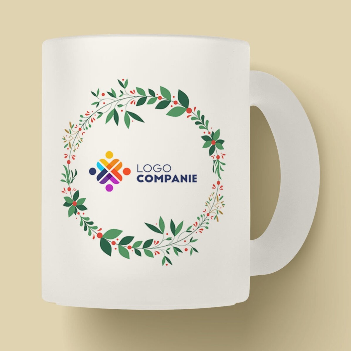 Cană sticlă mată personalizată cu text și logo - Coronițe de Crăciun