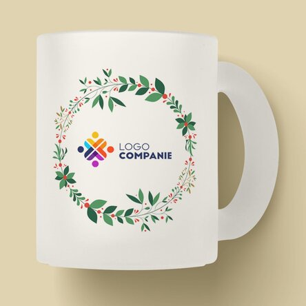Cană sticlă mată personalizată cu text și logo - Coronițe de Crăciun