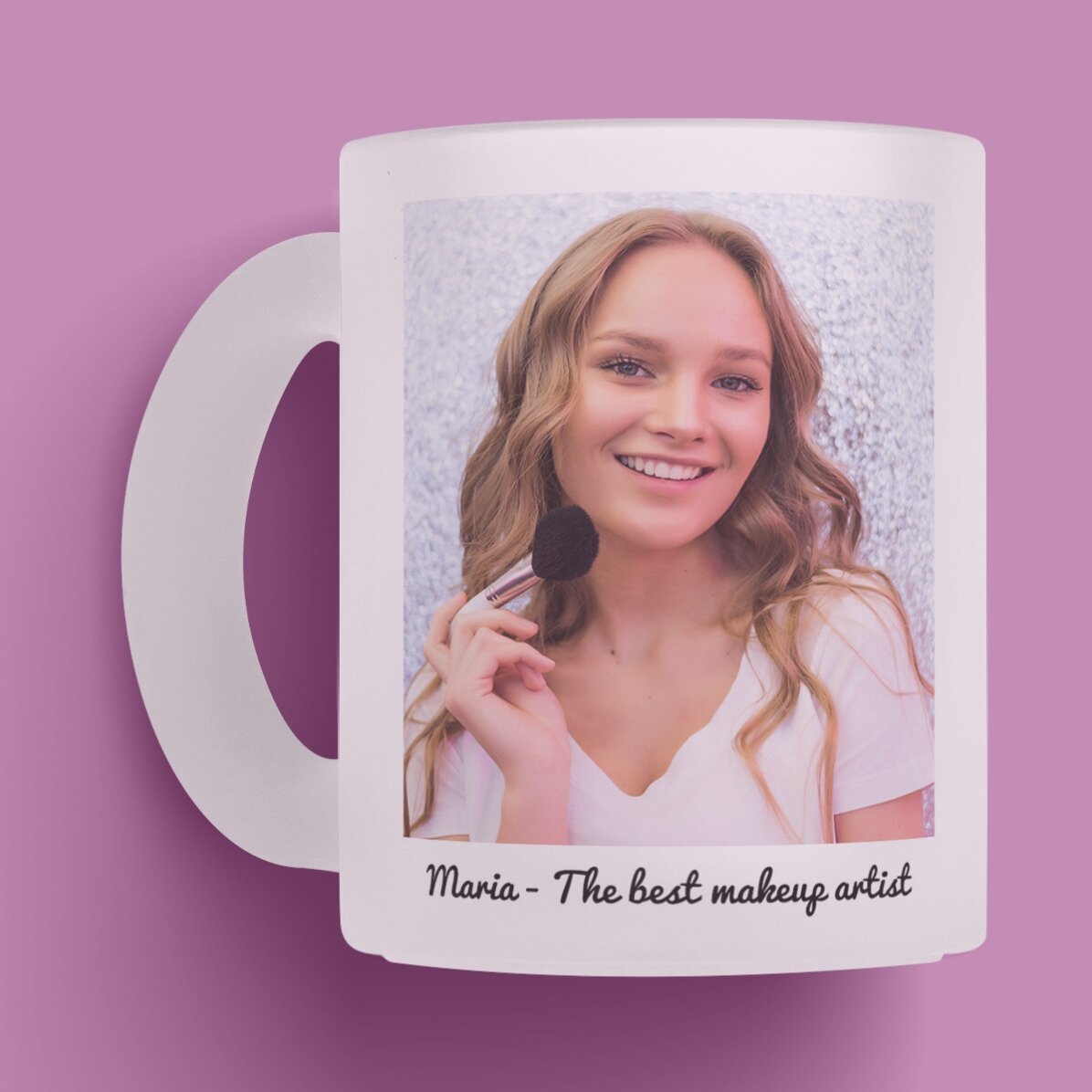 Cană sticlă mată personalizată cu text și o poză 